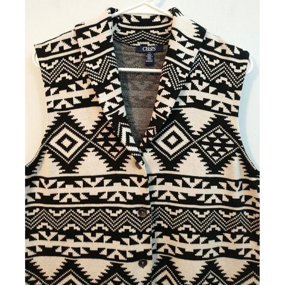 CHAPS Sweater Vest Button Up Black Ivory Southwest Aztec Cotton Knit - Large - Picture 2 of 8